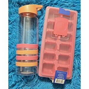 True Living 2pc Bundle Plastic 26oz Water Bottle & Ice Cube Tray w/Lid Pink